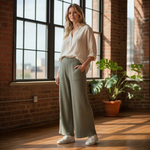 SO Ribbed Wide Pants Size Small Light Green Elastic Pullon Waistband Pockets - Picture 2 of 7